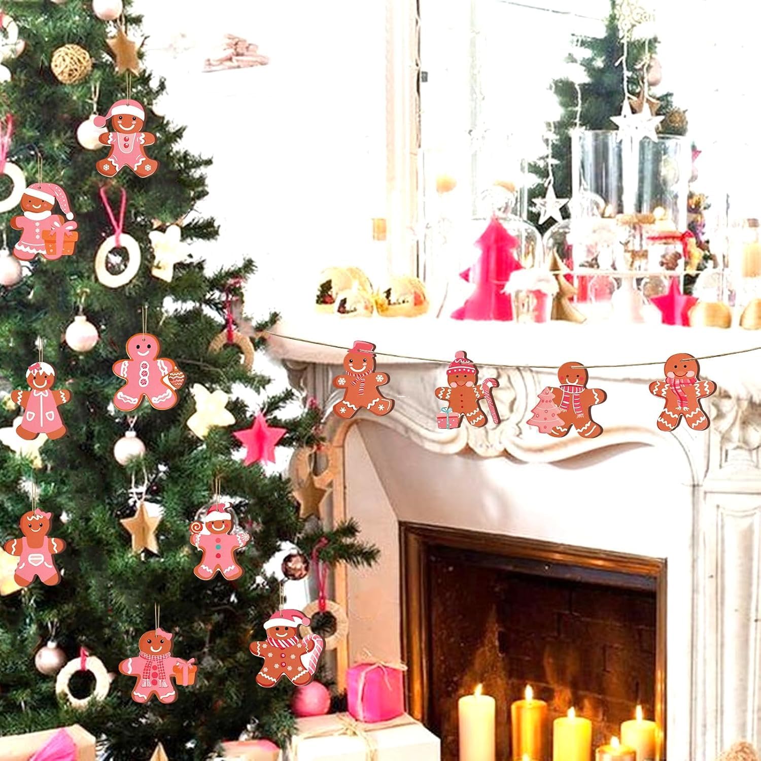 24Pcs Pink Gingerbread Man Wood Ornaments Christmas Hanging Decorations Pink Gingerbread Wooden Tree Hanging Ornaments for Girls Winter Candy Xmas Holiday Family Gathering New Year