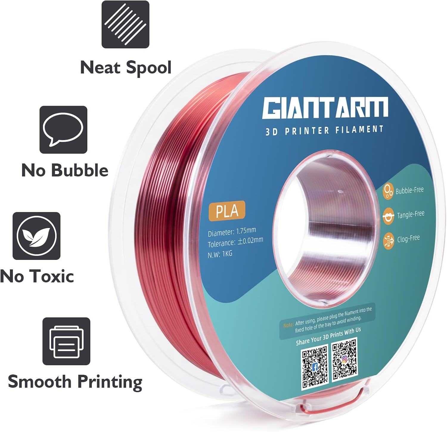 GIANTARM 3D Printer Filament 1kg,Silk Blue PLA and Red Black PLA 1.75mm Dimensional Acuuracy +/-0.03mm,1080 Feet Per Roll,Vacuum Packaging