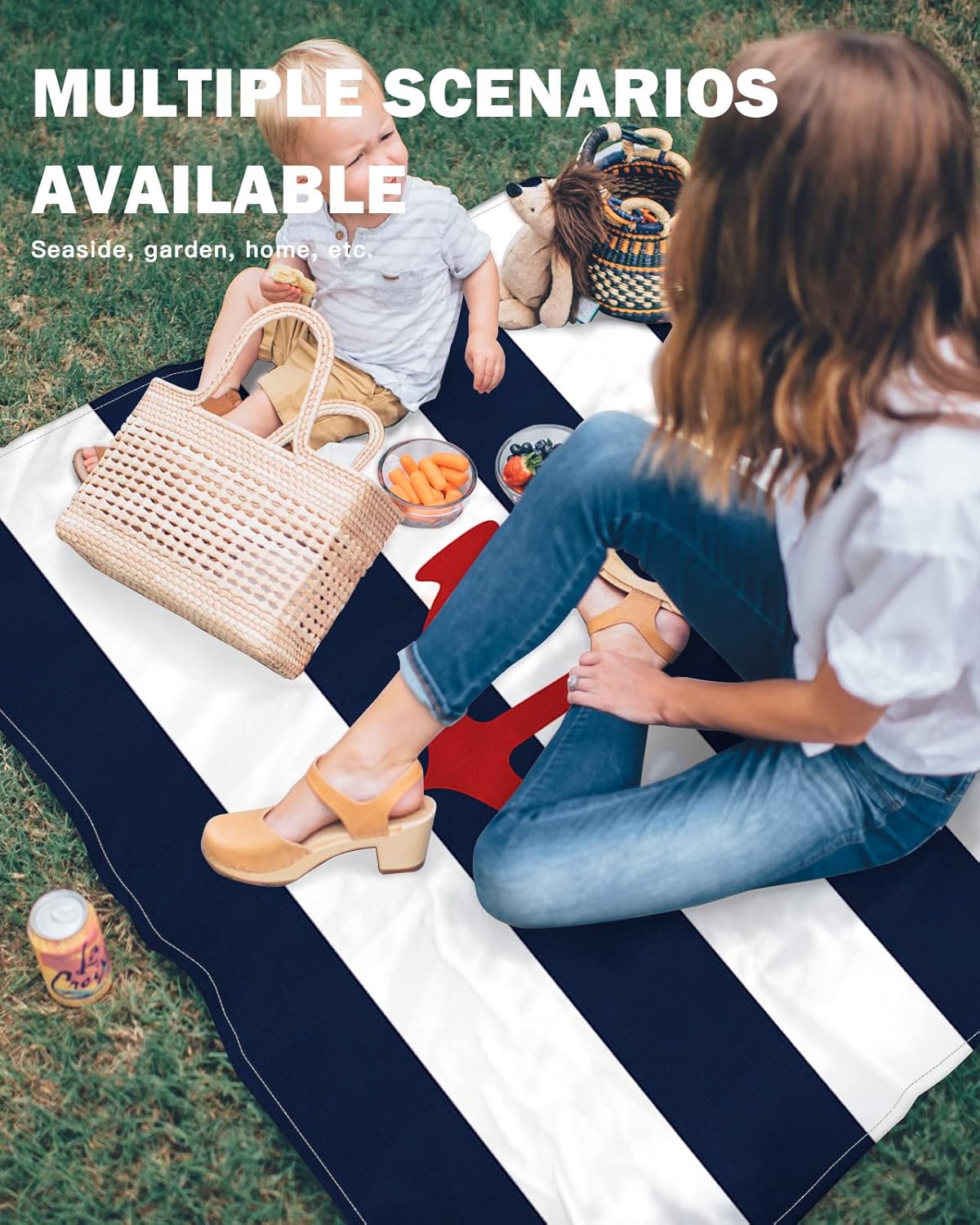 Nautical Retro Red Anchor on Stripes Beach Blanket Waterproof Sandproof Outdoor Picnic Mat 118"x108" Navy Blue and White Lightweight Large Beaach Blankets with 4 Stake & 4 Corner Pockets