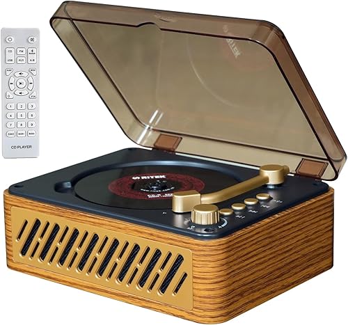 Miniatura 1 de Reproductor de CD retro con altavoces, reproductor de CD portátil Bluetooth para el hogar y el automóvil, radio FM, AUXUSB, control remoto, diseño