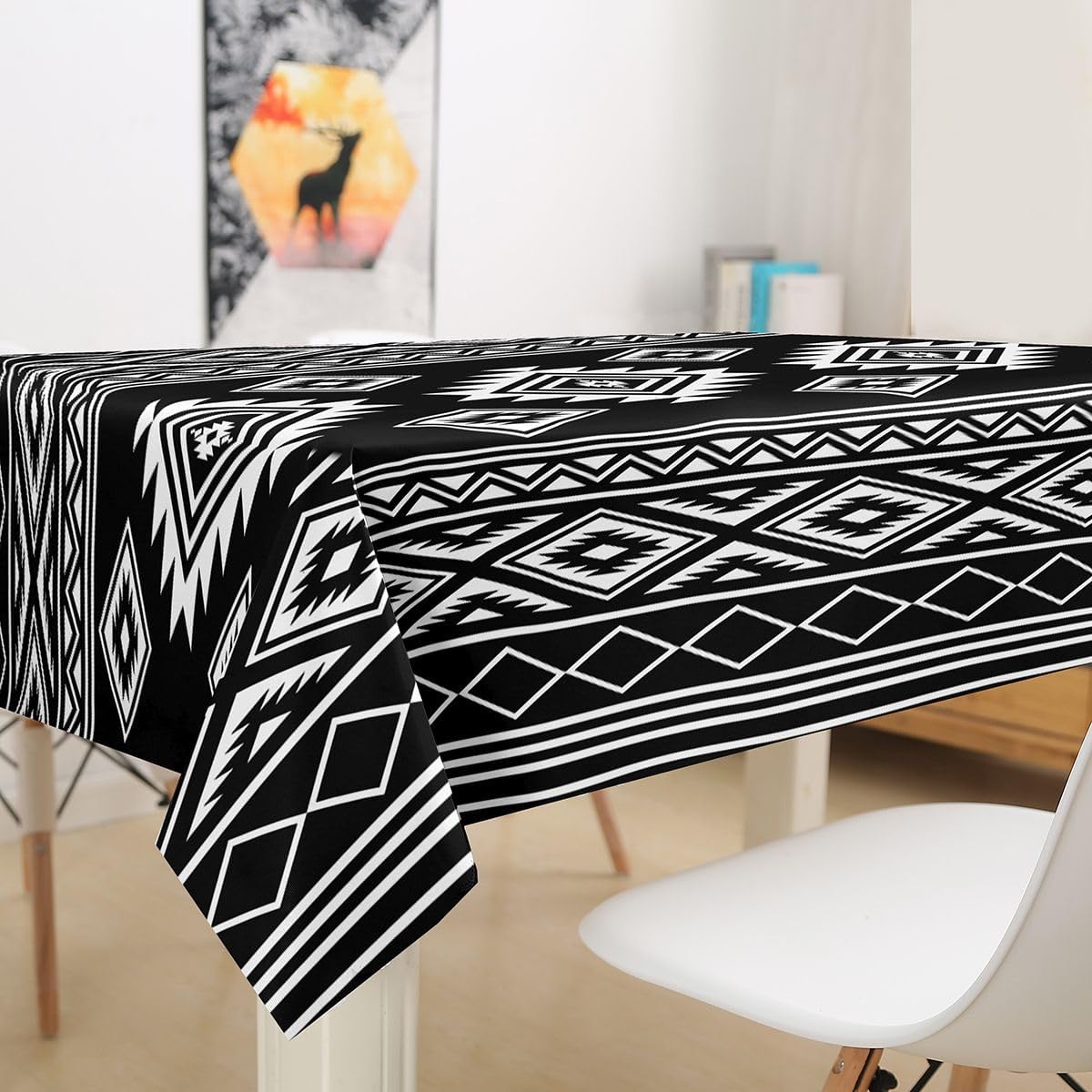 Manfei Aztec Native Tablecloths,Southwestern Tribal Country Table Cover,Rhombi Geometric Table Cloth,Black Off-White Table Accessories for Kitchen,Rectangle 55"x71" image 3