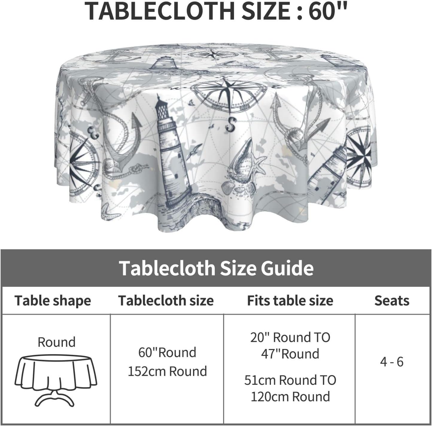 Yilad Submarine World Lighthouse Anchor Compass Washable Polyester Table Cloth Decorative Table Cover Waterproof Round Tablecloth 60 Inch