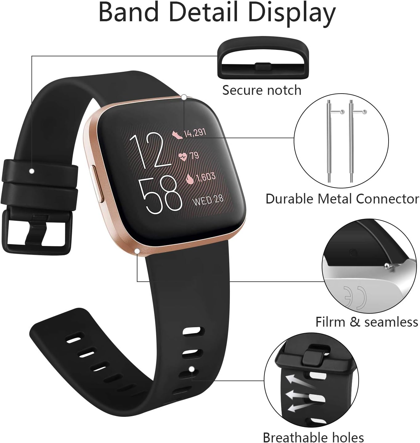 [Pack 3] Silicone Bands Compatible with Fitbit Versa 2 Bands for Women Men, Classic Adjustable Sport Bands for Fitbit Versa & Fitbit Versa Lite (Large for 7.1" -8.7" Wrist, White, Black, Gray)
