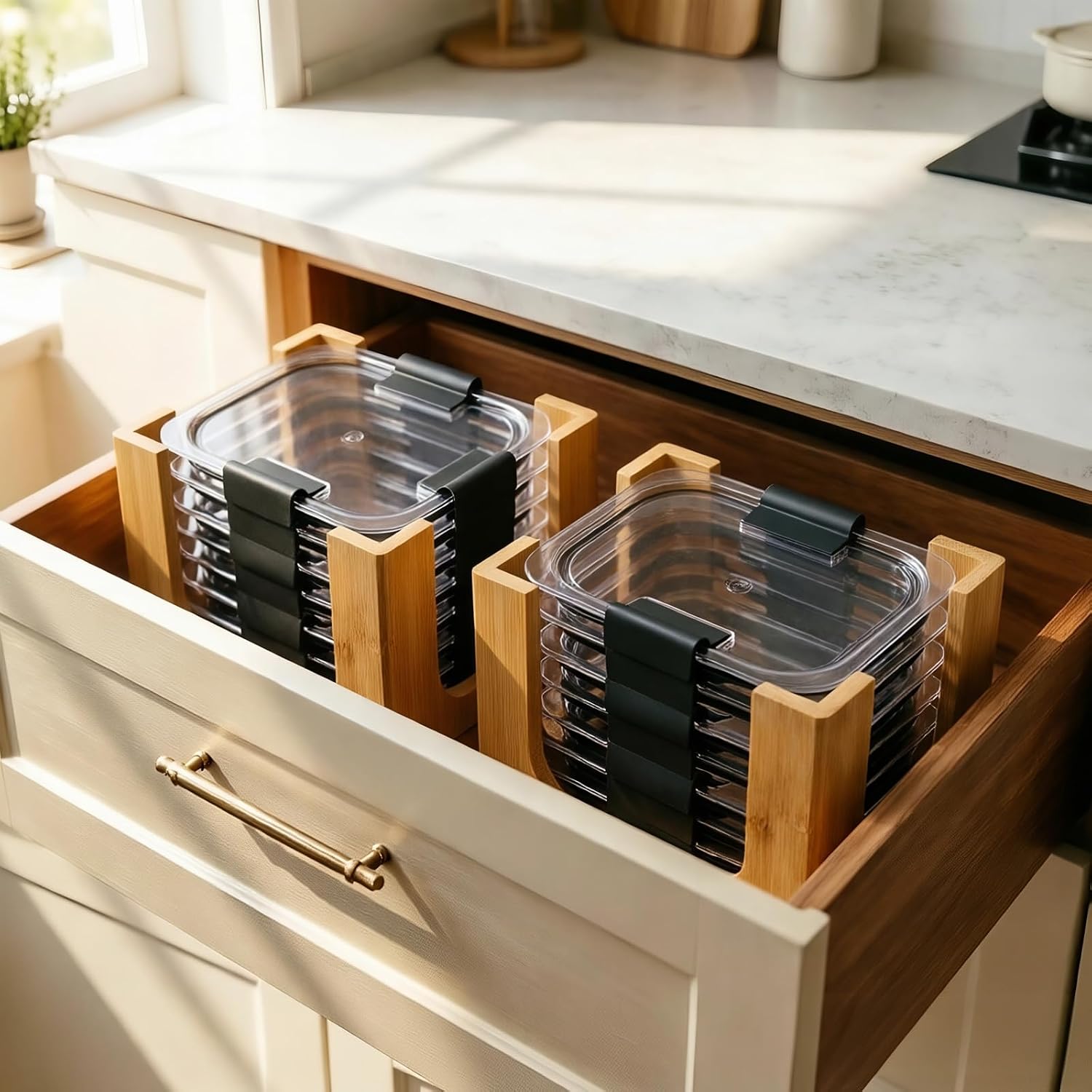 Angadona Large Bamboo Lids Organizer for Rubbermaid Brilliance Lids, 2 Stackable Lids Storage Holds 4.7 Cup or 3.2 Cup Food Containers, Premium Bamboo Lid Organizers Inside Cabinet