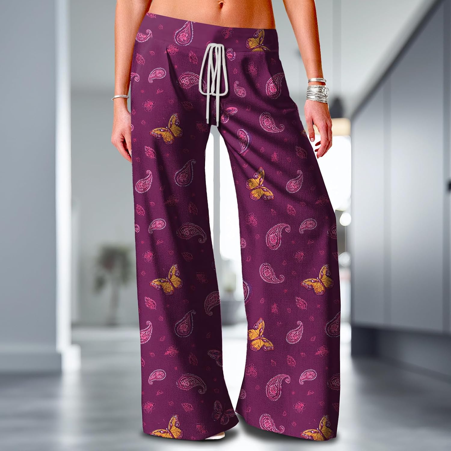 Trendy Pants for Women Casual High Waisted Baggy Trousers Boho Print Comfy Stretchy Sweatpants with Pockets