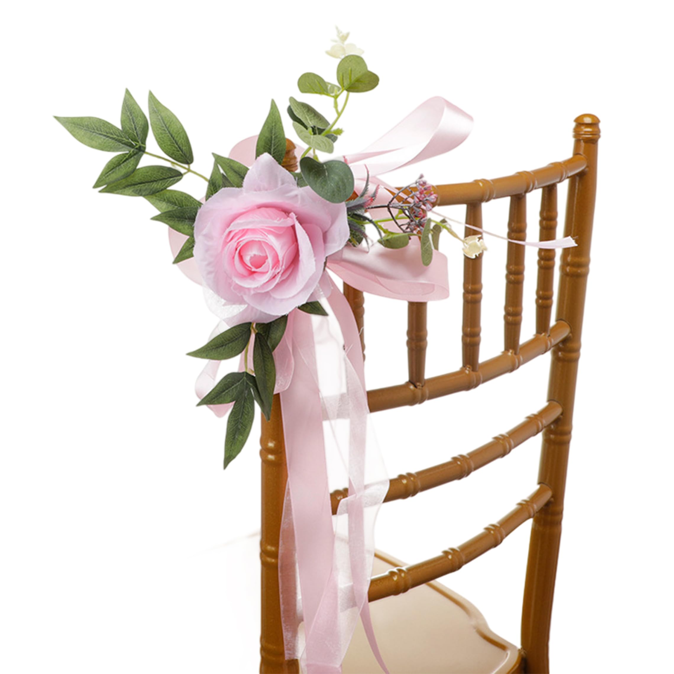 Decoraciones para pasillos con rosas artificiales y lazos de seda para sillas