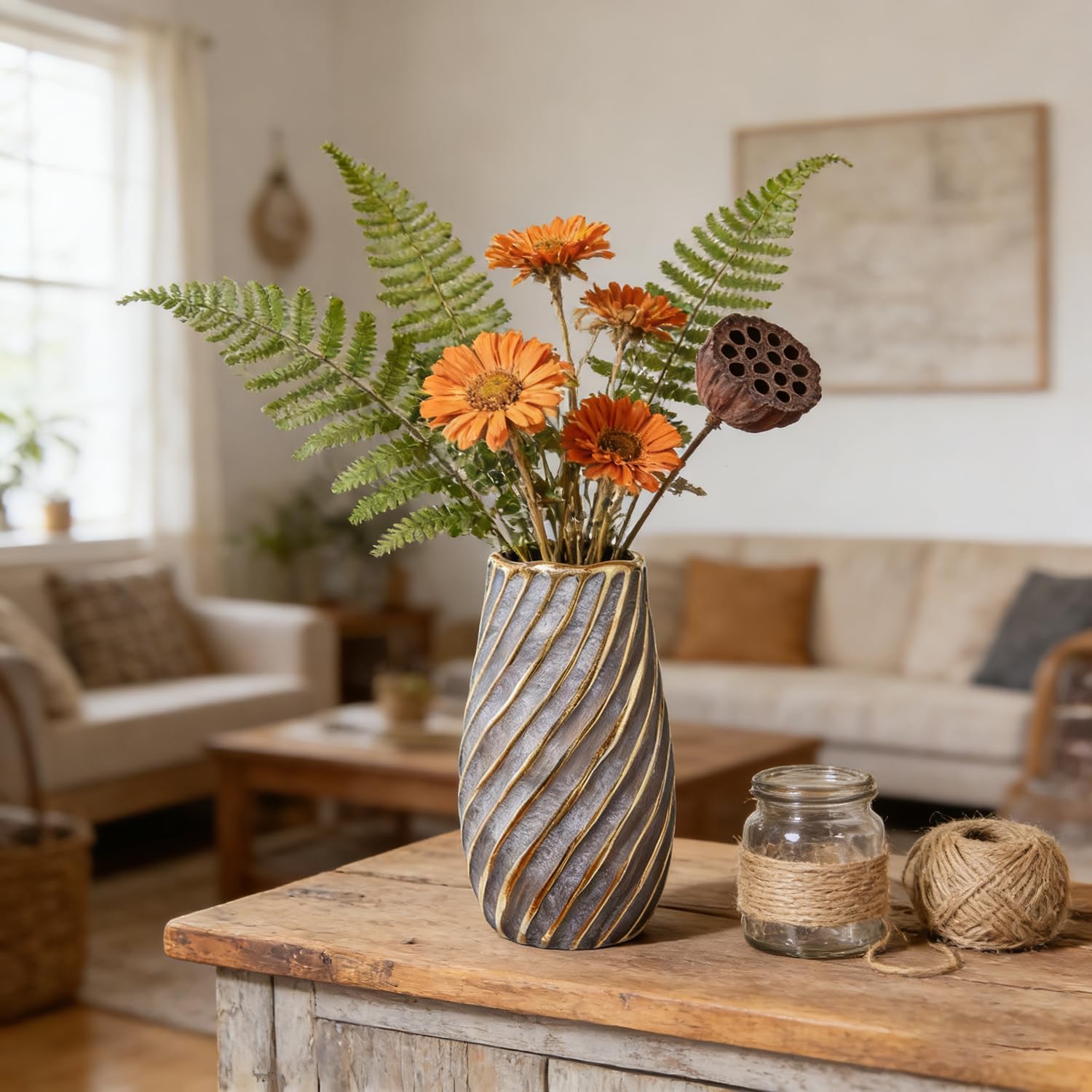 Matte Ceramic Vase with Electroplated Gold Spiral Patterns – Vintage & Rustic Country Style Flower Vase Home Decor.