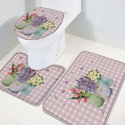 Miniatura 4 de Juego de alfombras de baño de 3 piezas, diseño floral antideslizante, tapete de contorno y tapa de inodoro, tapetes de ducha absorbentes, juego de