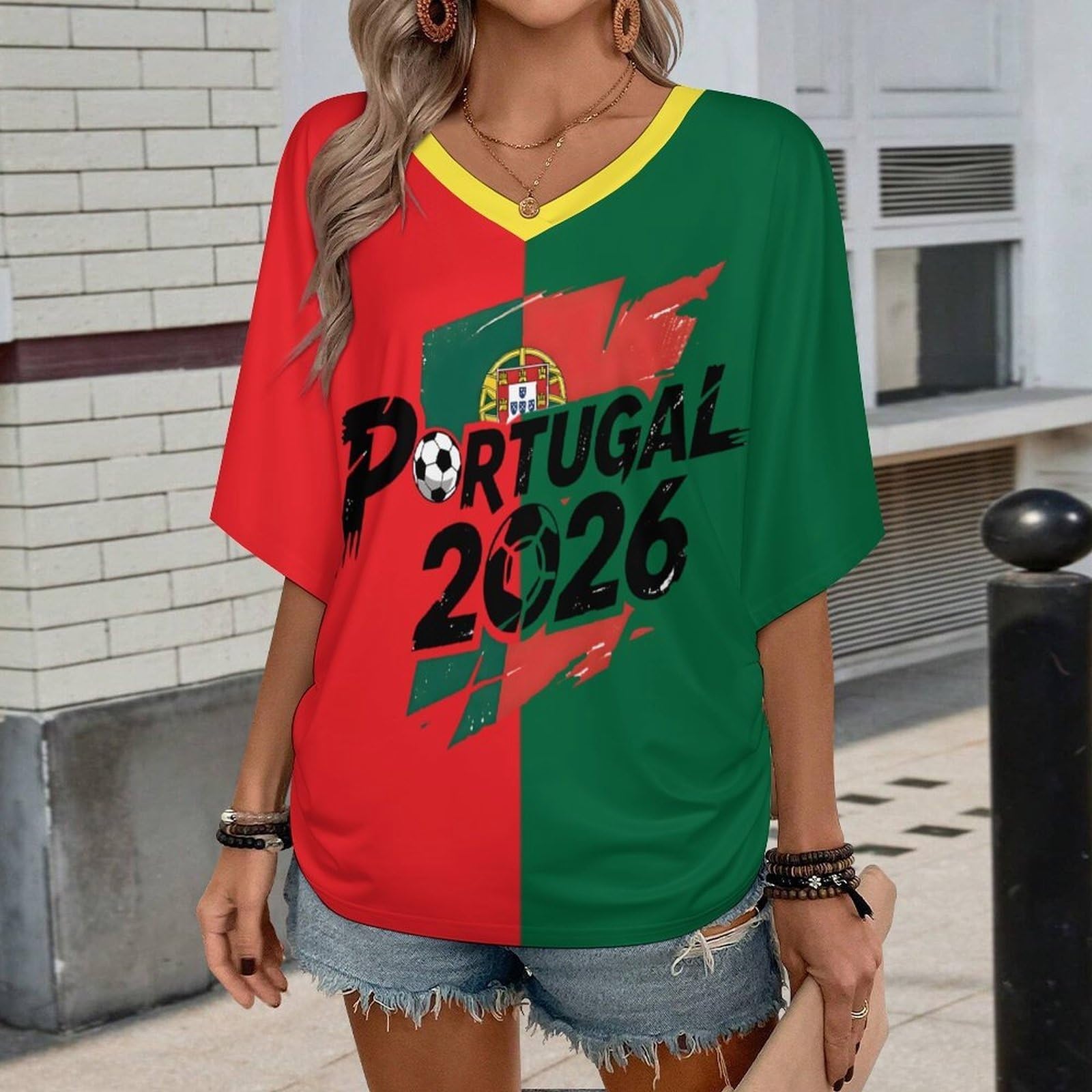 T Shirt Personnalisé Femme Fan Foot Coupe du Monde Oversize Col V Imprimé Drapeau National Maillot Manches Courtes 2026