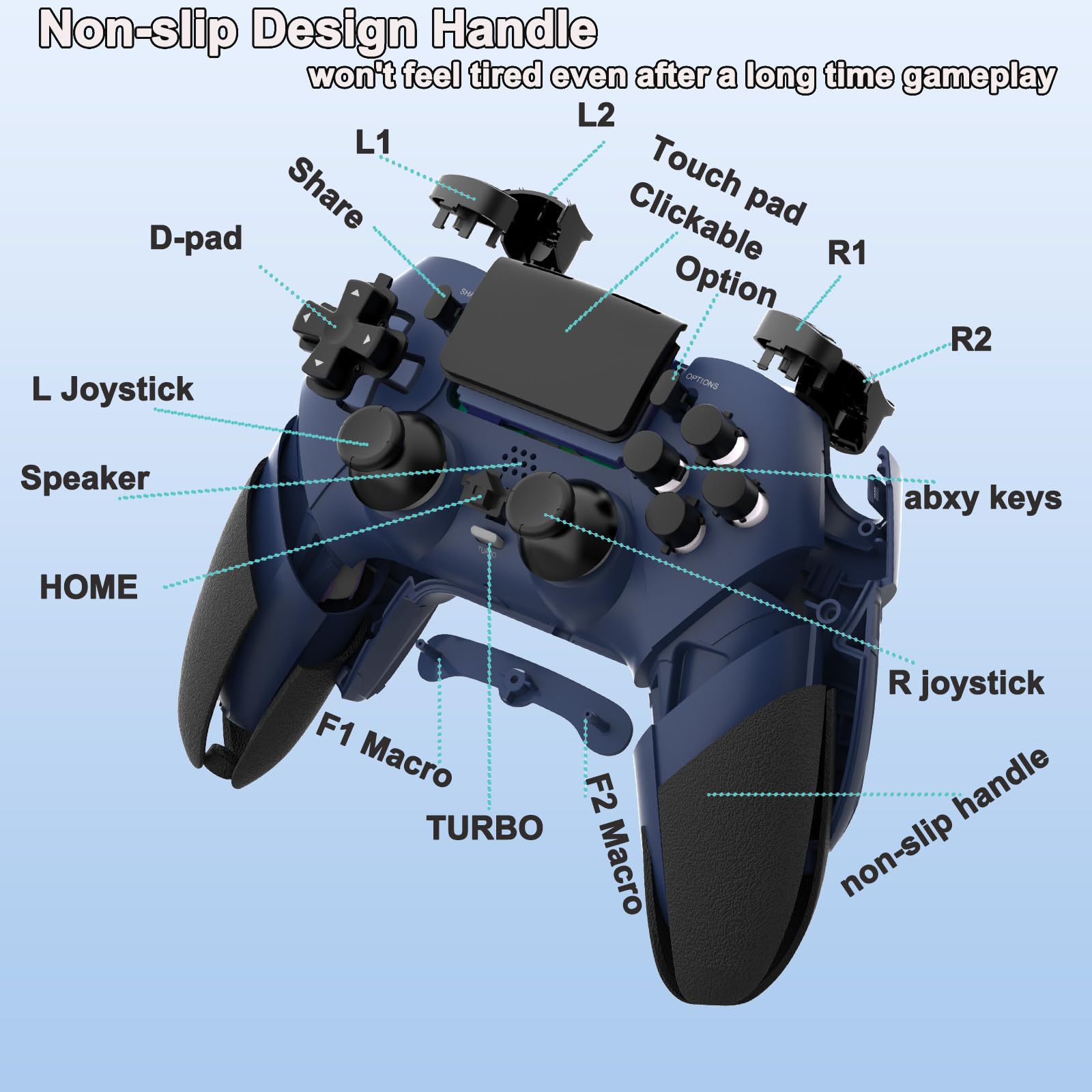 REKBOO Manette sans fil Compatible pour PS4, Contrôleur pour PS4 avec Audio Microphone Jack, Manette P4 dual Vibration avec Gyroscope à Six Axes, Macro, Turbo, Ecran Tactile, 800mah Batterie（Bleu）