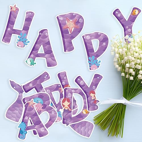 Miniatura 8 de Cartel de feliz cumpleaños, pancarta de sirena morada, pancarta de feliz cumpleaños, decoración de fiesta temática de sirena para niñas, suministros