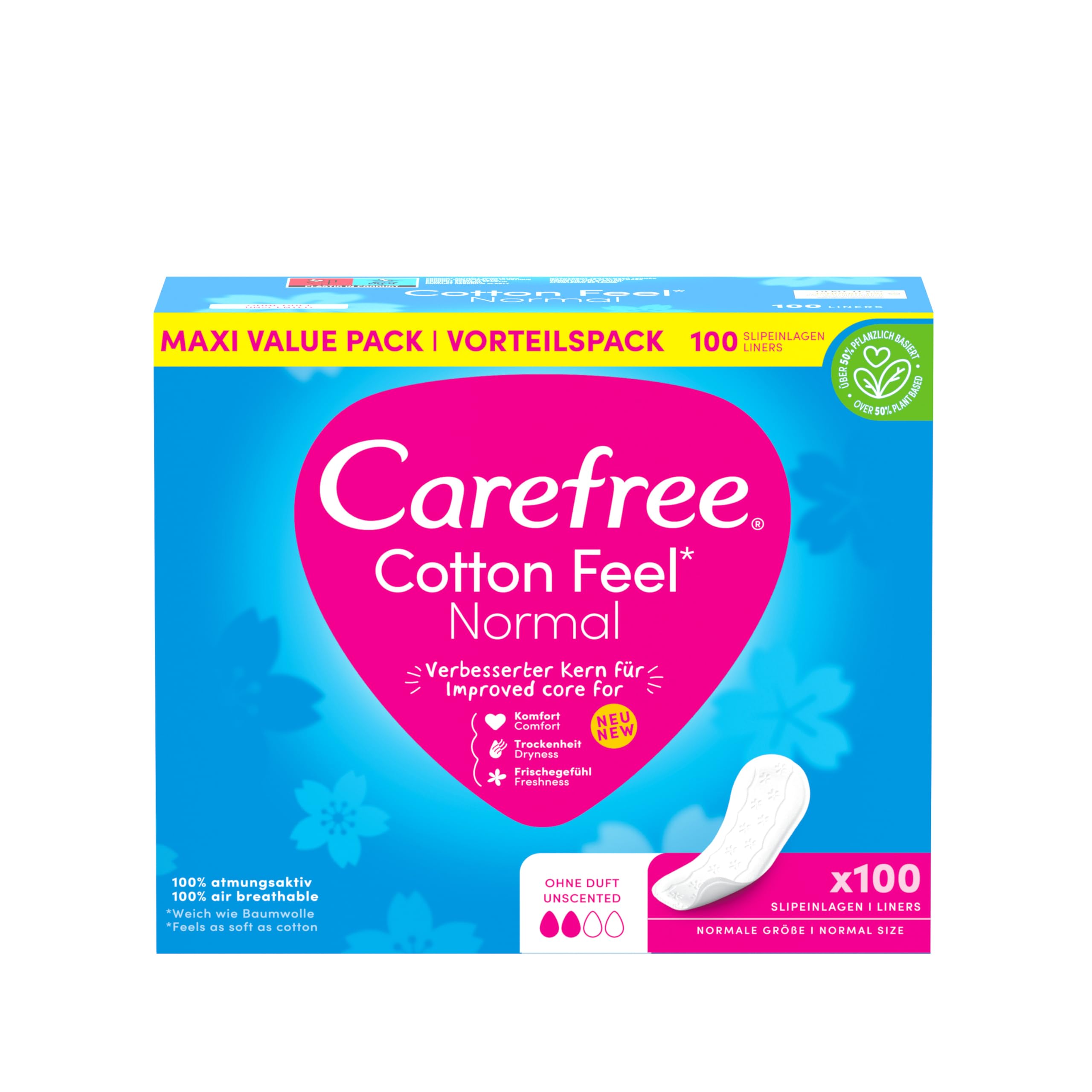  Comfort Feel, 100% Breathable Sanitary Liners (100 Pack) - SenseFree Odor - Regolare Taglia - Stock Pack OEKO-TEX
| Dry