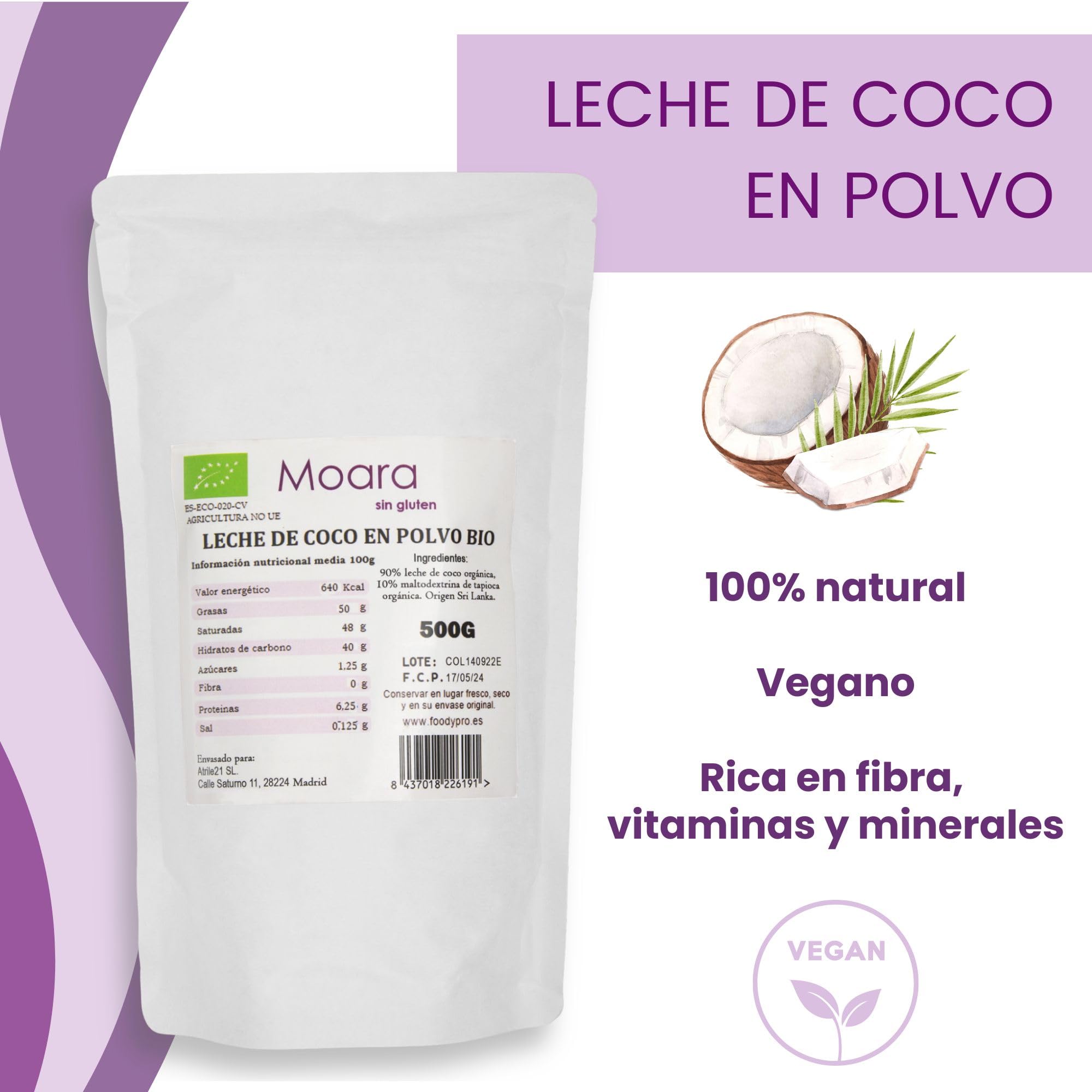 Leche de coco en polvo natural sin gluten sin azúcar sin sal vegana 500 g