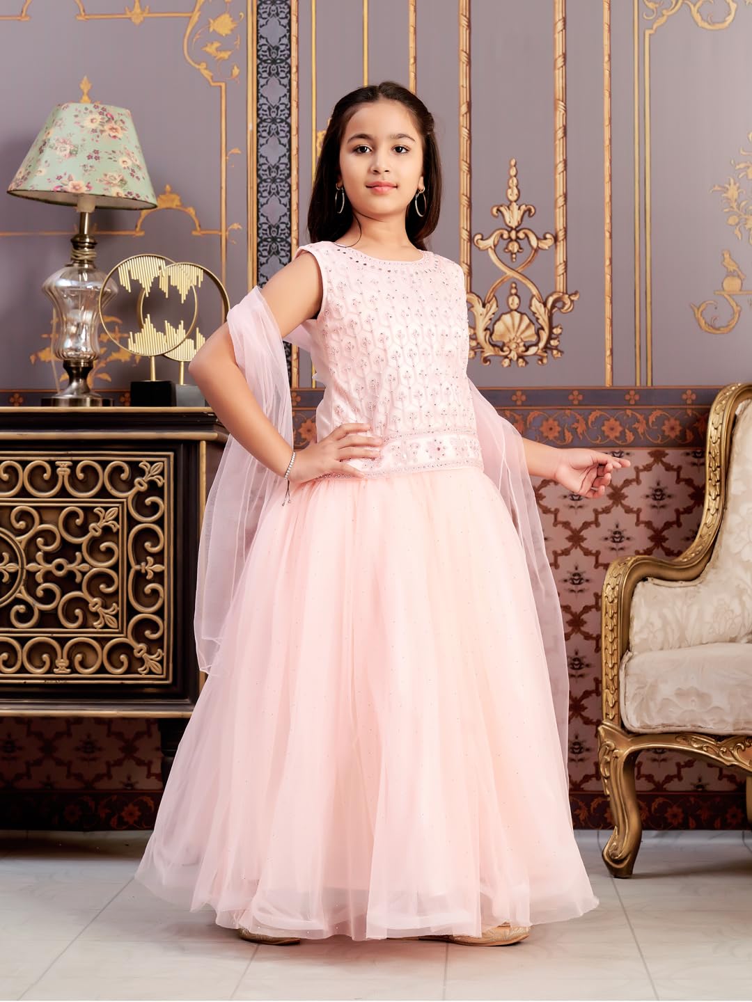 Aarika Girls Ethnic Wear Peach Colour Mirror Embroidery Net Lehenga Choli Set With Dupatta-3-13 Years (Lch-18273)