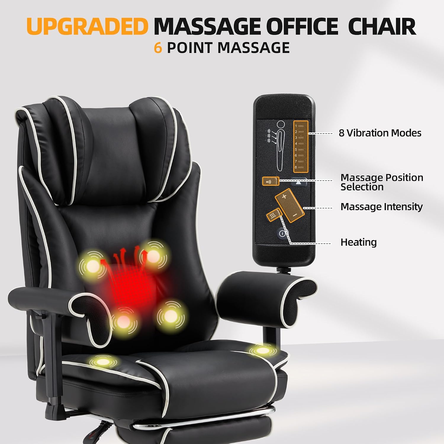 HOMREST 6-Point Massage Office Chair with Heat, Heated Reclining Executive Desk Chair with 155°Tilt Adjustable Armrests, Ergonomic High Back Computer Chair for Home Office, Black and White