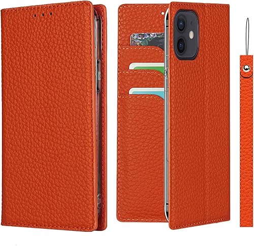 iCoverCase Funda tipo cartera para iPhone 12 Mini, funda magnética de piel auténtica con bloqueo RFID, correa para la muñeca y ranuras para