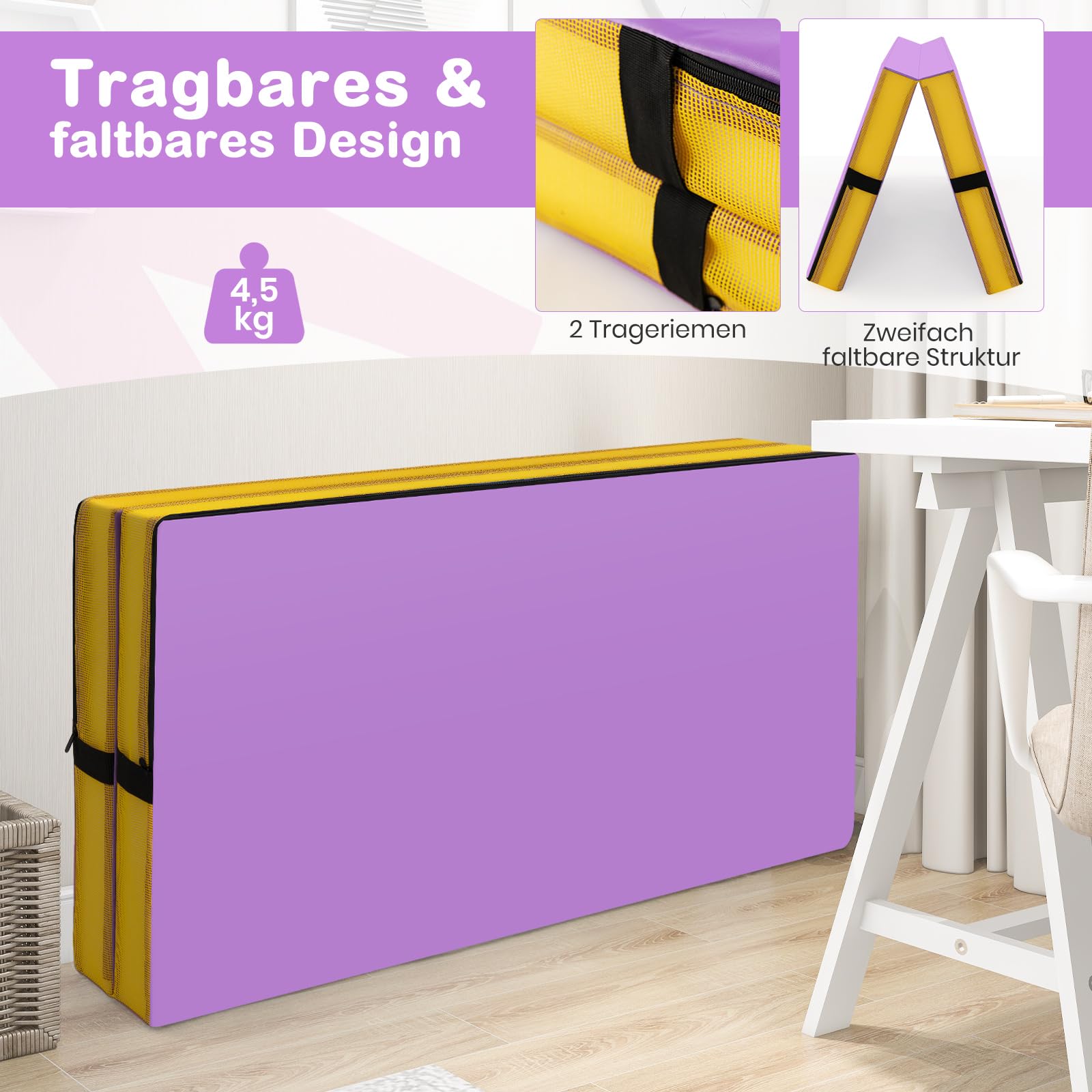 COSTWAY Turnmatte klappbar, 122 x 122 x 10 cm Weichbodenmatte, Gymnastikmatte faltbar & tragbar, quadratische Sportmatte aus PU-Bezug mit Tragegriffe, Yogamatte indoor für Kinder, Erwachsene