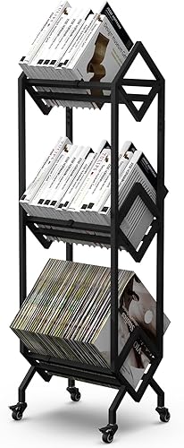 VENNQD Estantería de metal industrial para libros, soporte de 3 niveles con ruedas, diseño moderno y elegante, revistas, archivos, álbum de recetas,