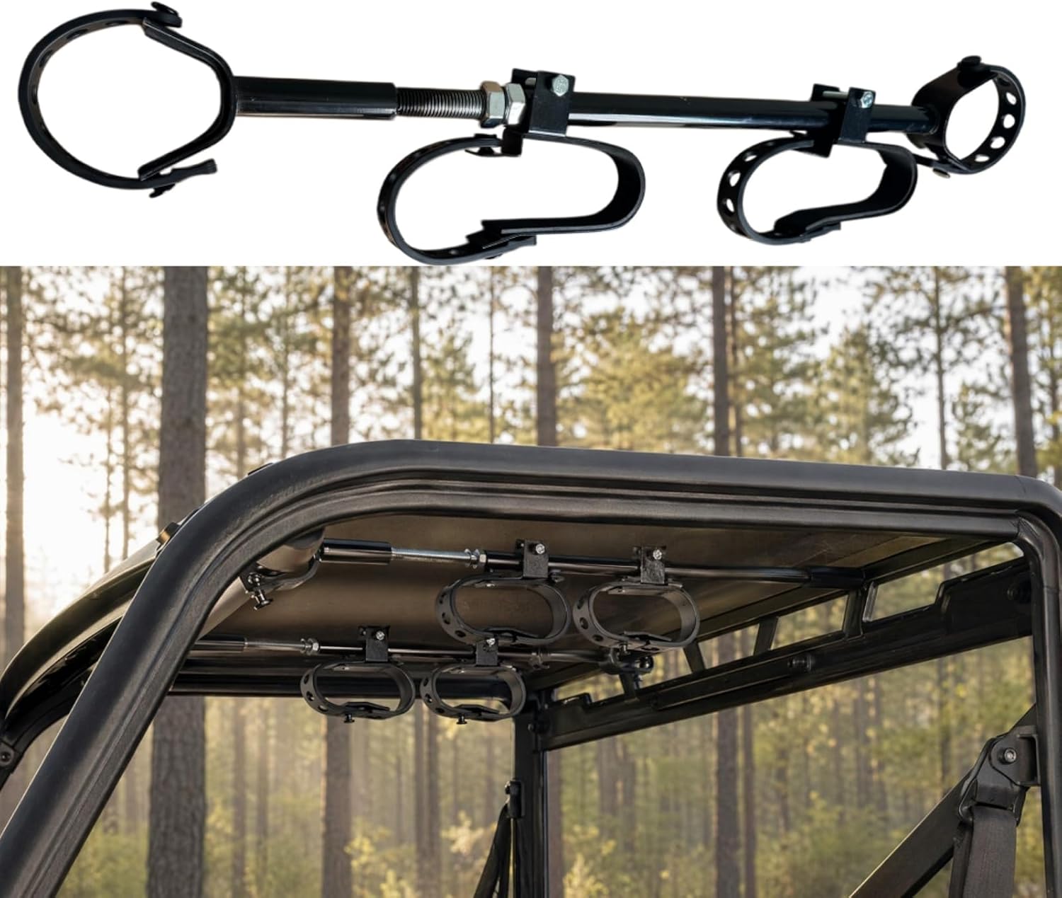 Adjustable UTV Overhead Rack, Universal UTV Overhead Gun Rack - Roof Mounted Bow Tool Holder with Soft Padding, Fits 21-28" Roll Bar Spacing, Overhead Tool Holder Rack with UTV
