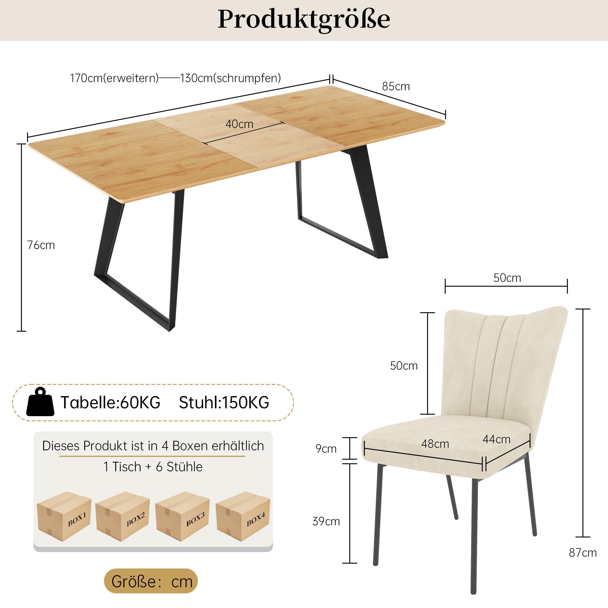 Exble Zestaw stołów do jadalni dla 4-, 6 z 6 krzesłami, 130, 170 cm, płyta MDF i metal, idealny stół kuchenny do jadalni na spotkania rodzinne