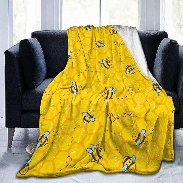 JOOCAR Flannel Throw Blanket Honeycomb Cute Bee Yellow Cozy and Soft Plush Warm Blankets for Bed Couch Living Room Sofa Chair