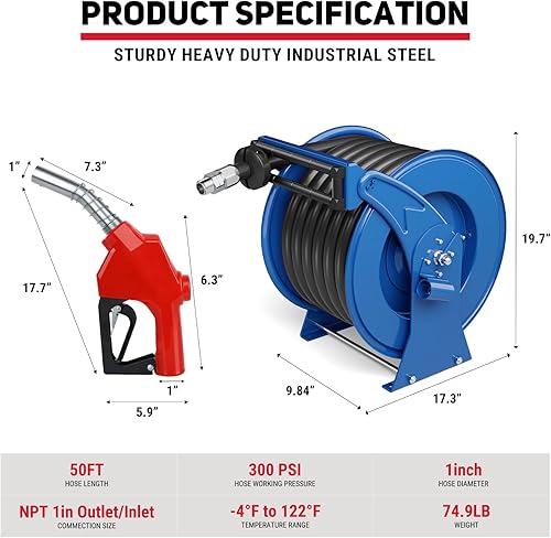 Vista 41 de Carrete de manguera de combustible diésel retráctil de 1 pulgada x 50 pies con boquilla de combustible, carrete de manguera diésel de 300 PSI