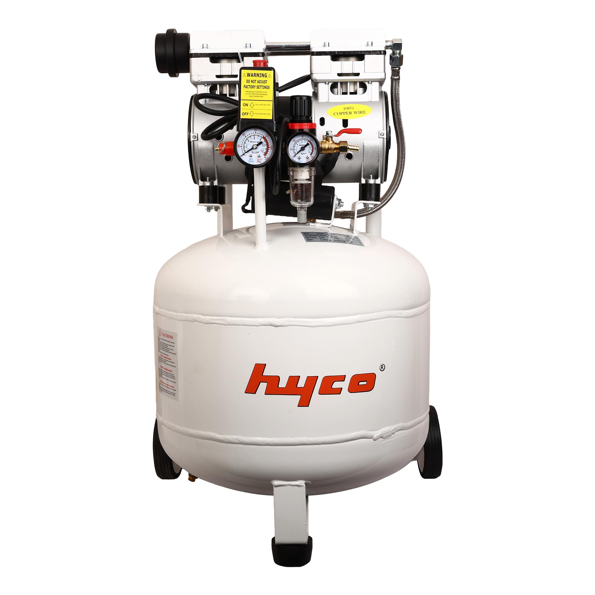 Hyco 1HP 40L Oil Free Silent Dental Air Compressor | 100% Copper Winding, Silent Operation, Portable with Wheels, Dual Pressure Gauges, Oil Free Pump-image-5