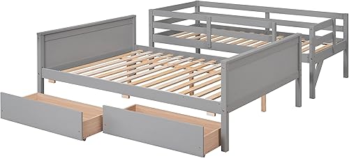 Miniatura 139 de Litera individual sobre matrimonial con cajones, escalera deslizante y almacenamiento, litera de madera con barandilla alta y escalera para niños,