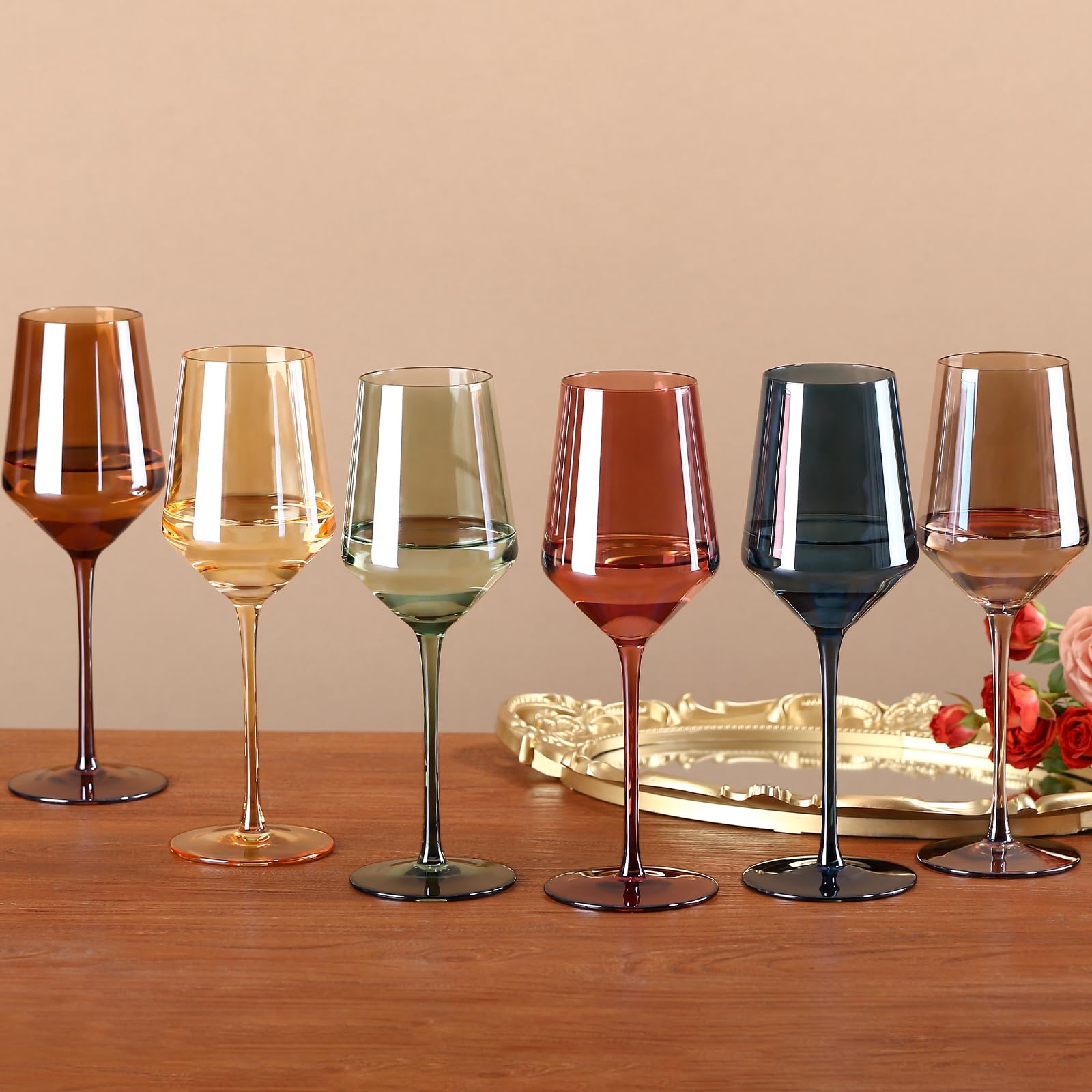 Colored Wine Glasses Set of 6-14 oz, Unfading Color, Hand-blown Wine Glasses - NOT Dishwasher Safe, Gifts for Wine Lovers, Birthday Gifts for Women