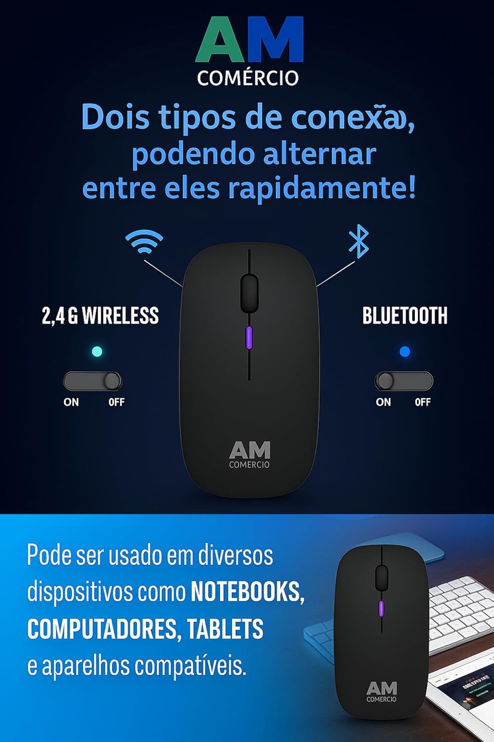 Mouse Sem Fio Ergonômico Premium – RGB, Bluetooth 5.0 e 2.4GHz, Recarregável, Silencioso e Preciso para Trabalho e Jogos - Preto