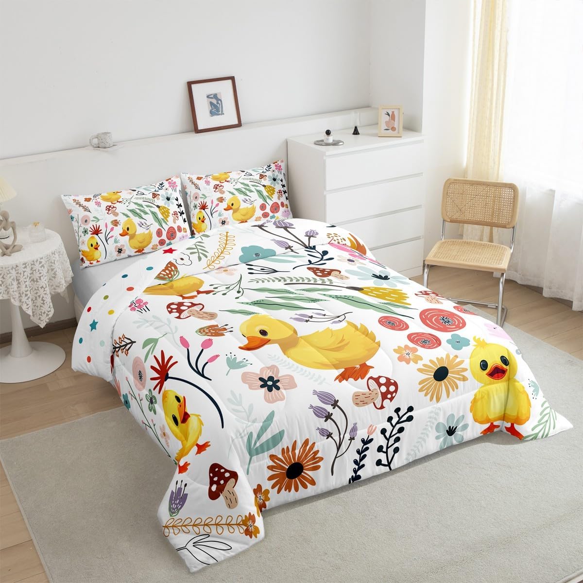 Erosebridal Kawaii Duck Full Bedding Comforter Sets for Boys,Mushroom Floral Quilt Cartoon Animal Comforter Set for Girls Kids Children,Watercolor Flowers Leaves Toddler Duvet Insert Cute Room Decor