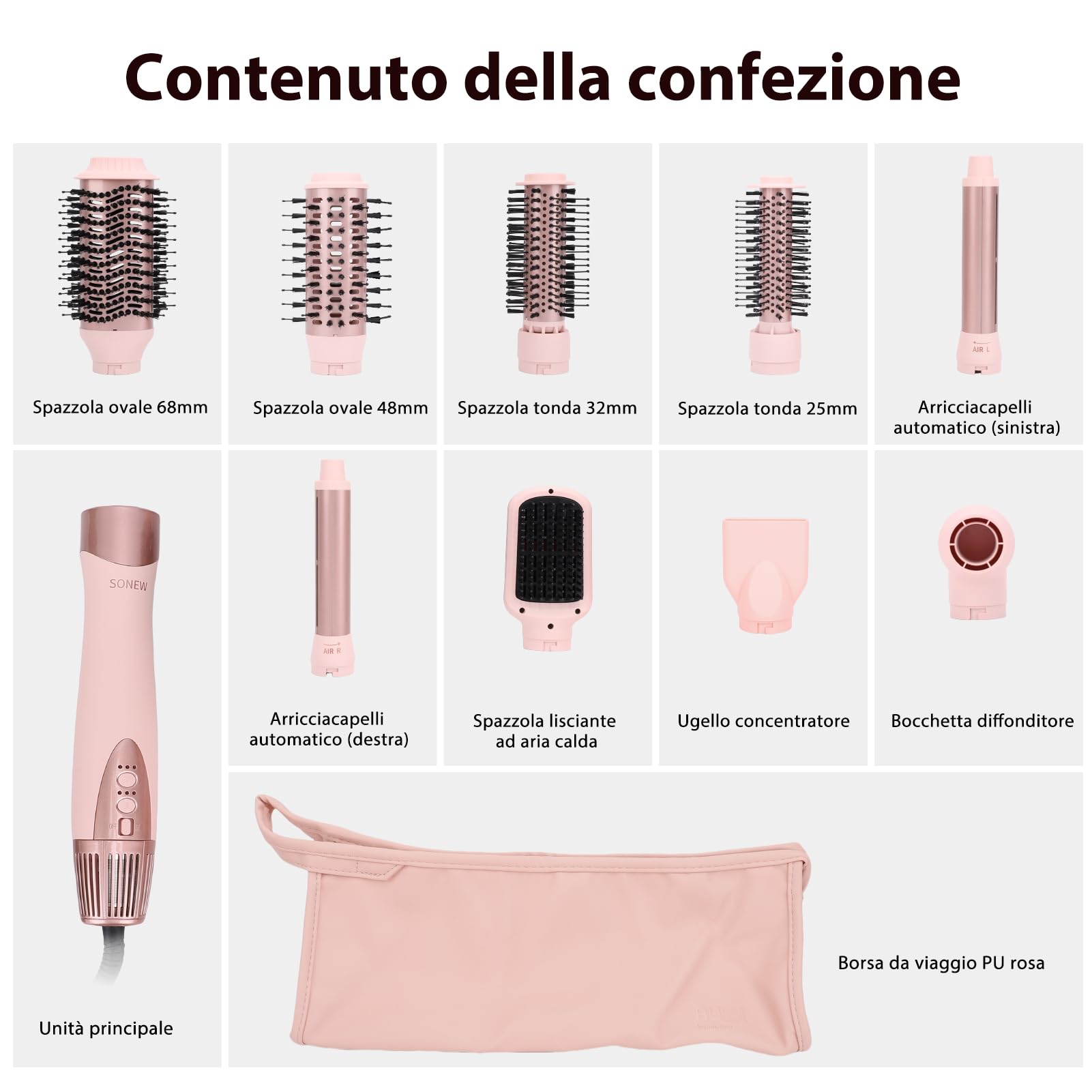 Sonew 9 in 1 Multi Hairstyler, 110.000 giri/min, Styler per Capelli con Ioni e Phon, Arricciacapelli Automatico 32 mm, Spazzola ad Aria Calda 68 mm/48 mm/32 mm/25 mm, Spazzola Lisciante