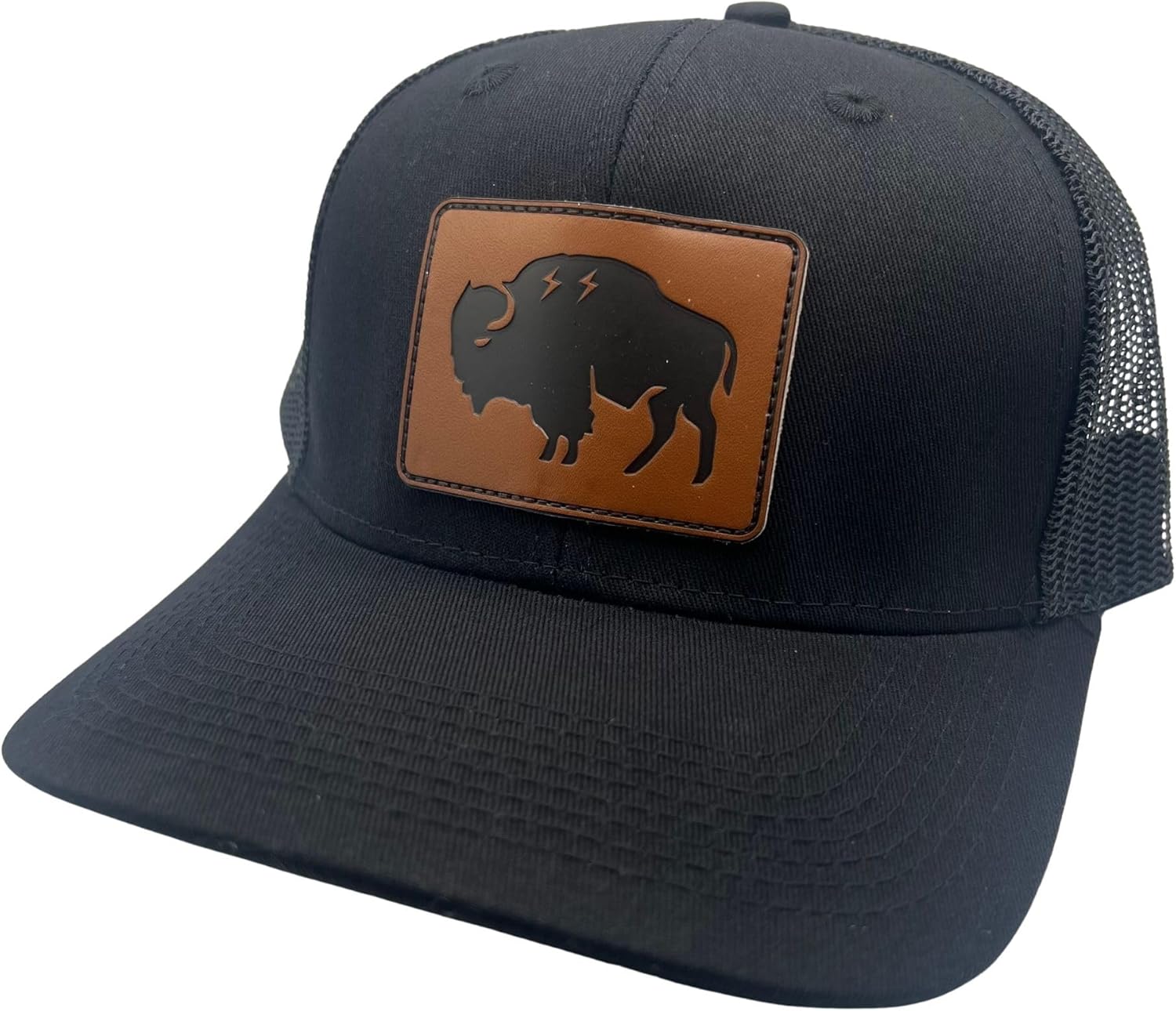 Curved Bill Trucker Hat – All Black Snapback Cap with Leather Buffalo Patch – Breathable Mesh Back Outdoor Hat for Men – Adjustable Trucker Cap