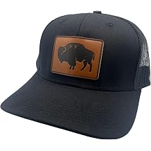 Buffalo Hat for Men Black Trucker Hat with Leather Buffalo Patch Curved Bill - Adjustable Snapback Western Cap