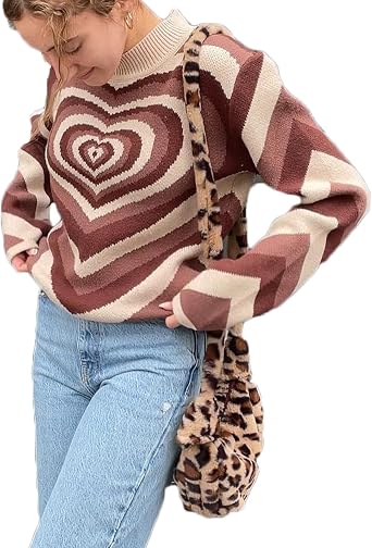 Women Y2K Heart Sweater Long Sleeve Crewneck Vintage Loose Pullover Harajuku Aesthetic Knitwear E-Girl 90s Streetwear
