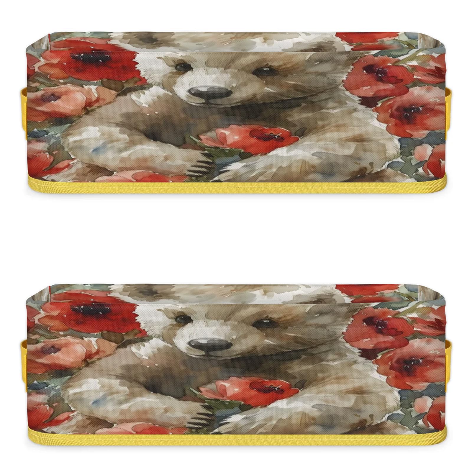 Red Rose Bear Bathroom Storage Basket Waterproof Foldable Storage Bins with Handles Decorative Toilet Paper Storage Basket for Organizing for House Bathroom Toiletries Set of 2