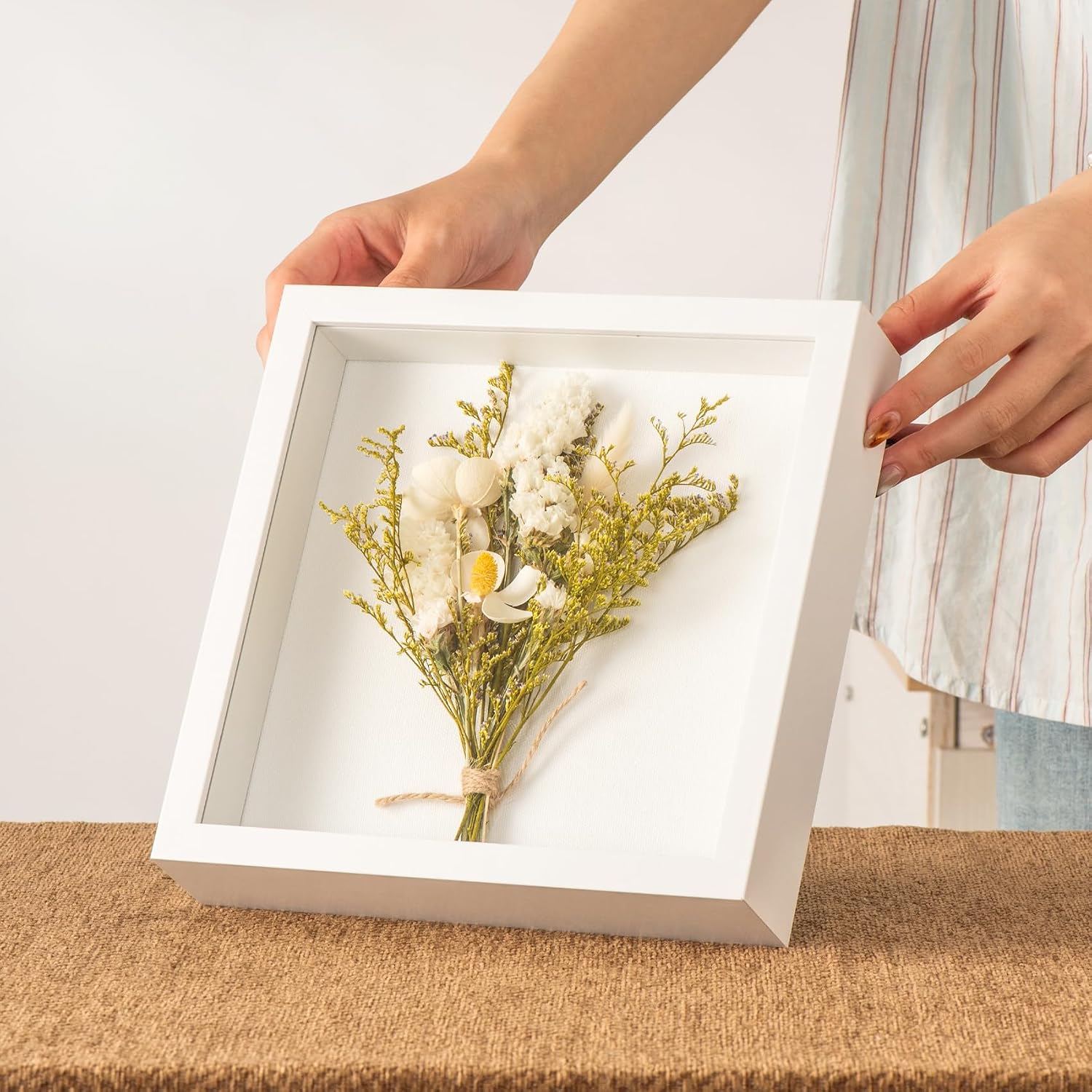 8x8 Shadow Box Frame with Real Glass Panel and Soft Linen Back,Small White Memorial Shadow Box Picture Frame Display Case 8x8 for Flower Baby Pet Wedding Photo Craft Memorial Gift