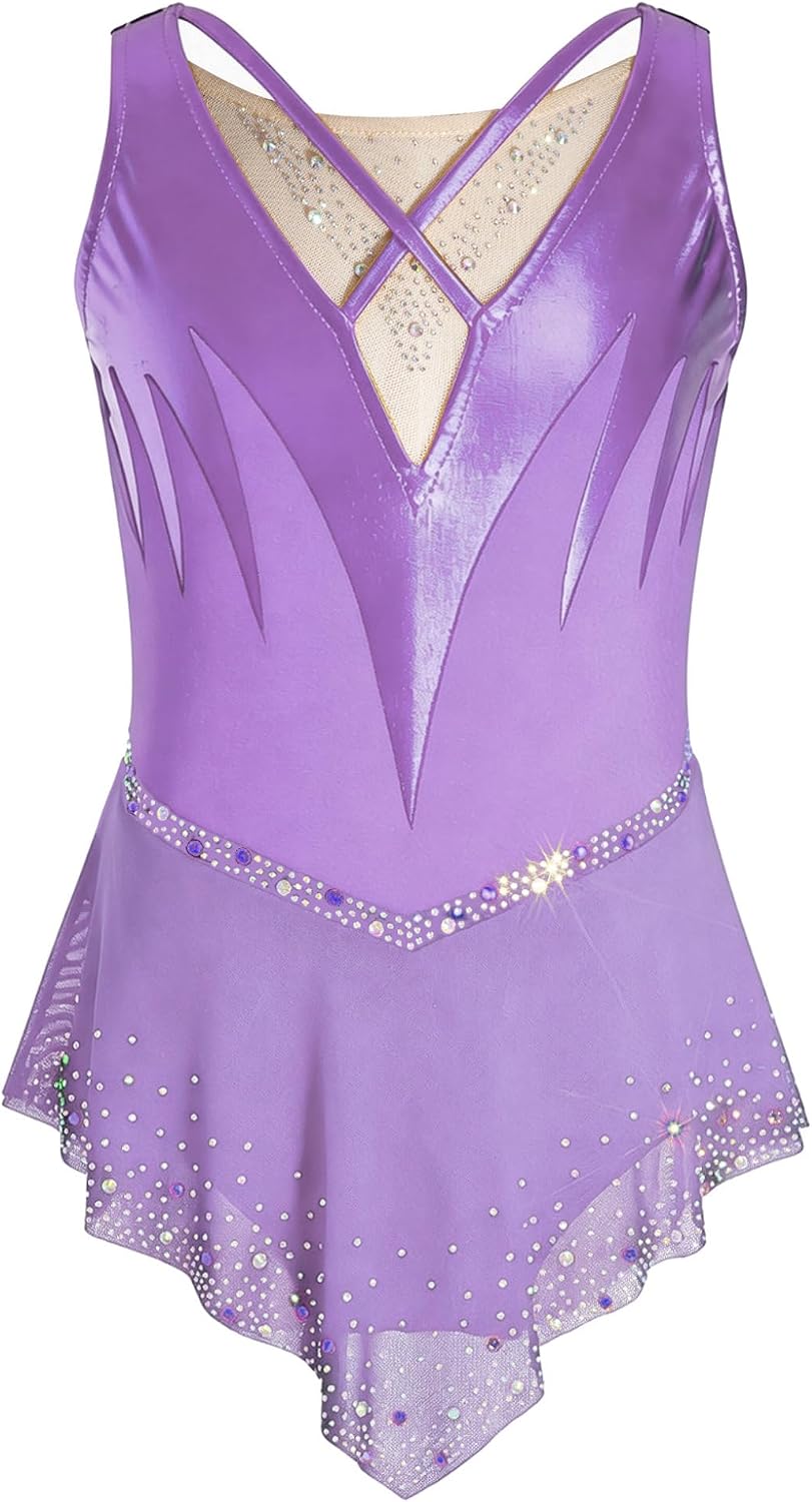 JanJean Girls Gymnastics Ballet Dance Dress Glitter Rhinestone Sleeveless Hi-Lo Figure Ice Skating Dress for Performance