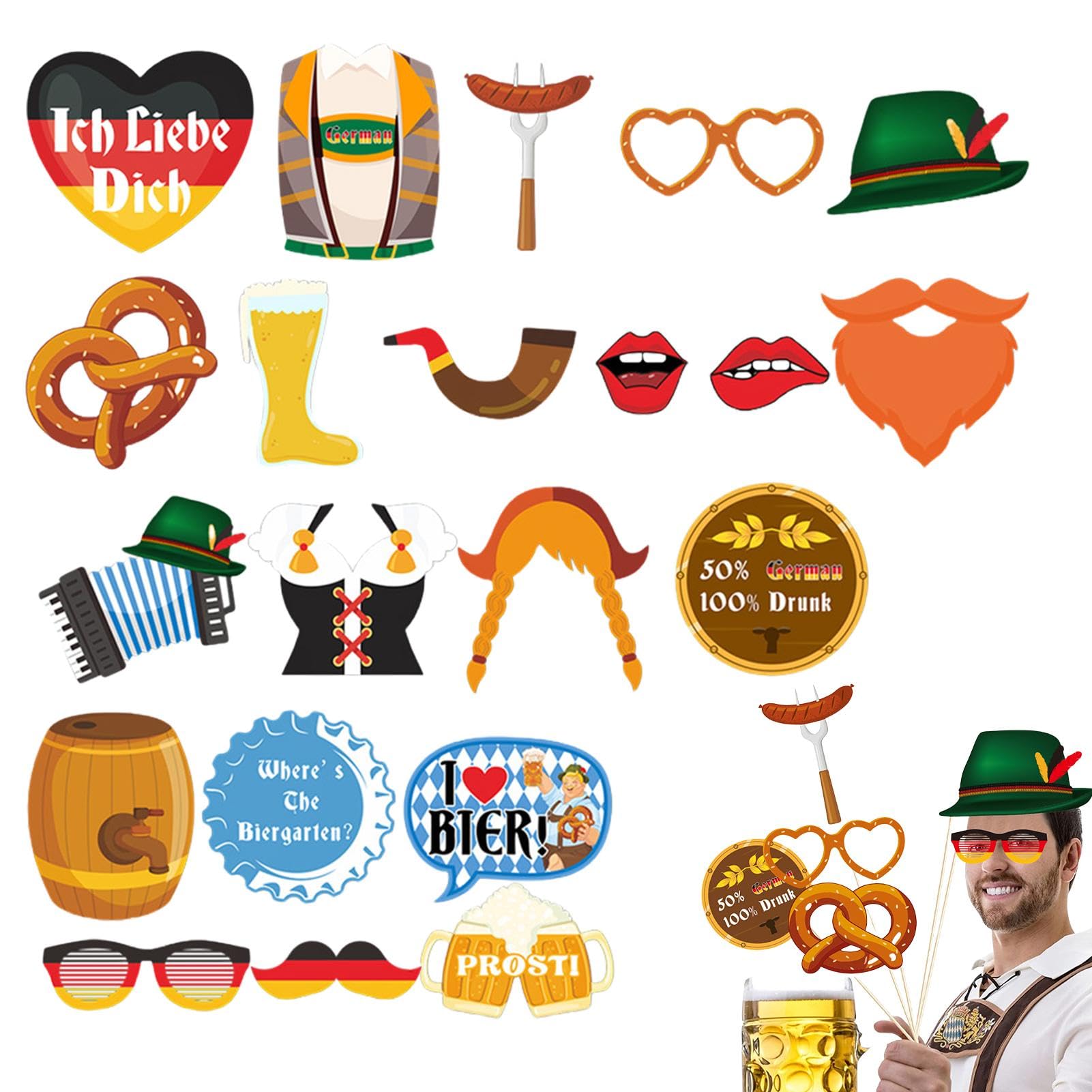 Oktoberfest-Fotoautomaten-Requisiten Set – 25 Teile Mit Stäben | Bier, Wurst, Lederhose & Mehr | Perfekt Für Partys