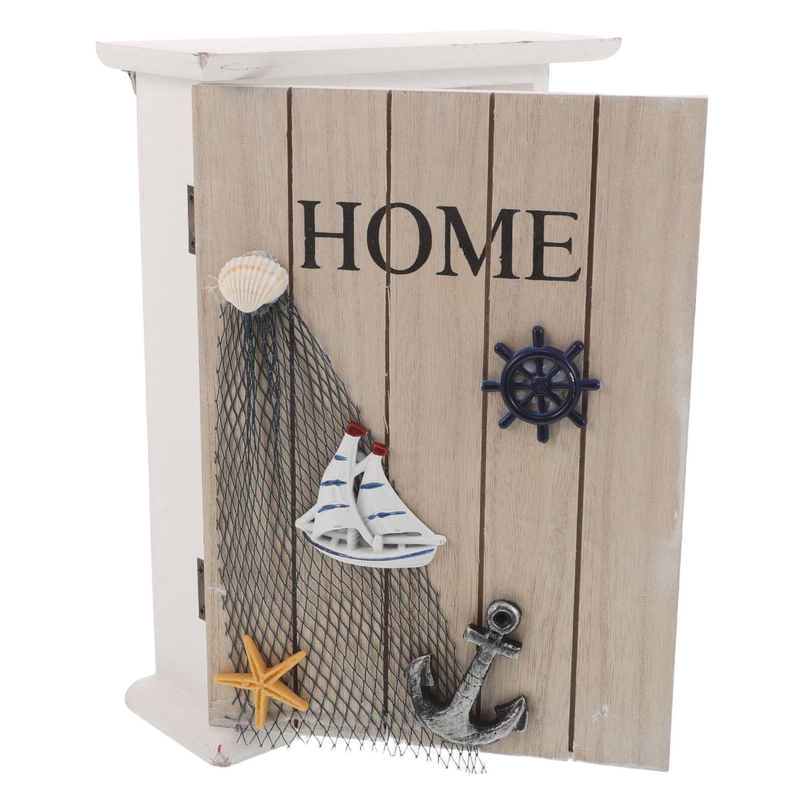 Caja de madera para llaves rústica beige con 6 ganchos para pared