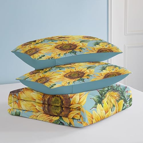 Miniatura 5 de SOULZZZ Juego de edredón de girasoles, tamaño individual, floral, botánico, amarillo, girasol, para niñas, adolescentes, jardín, floración, hojas,