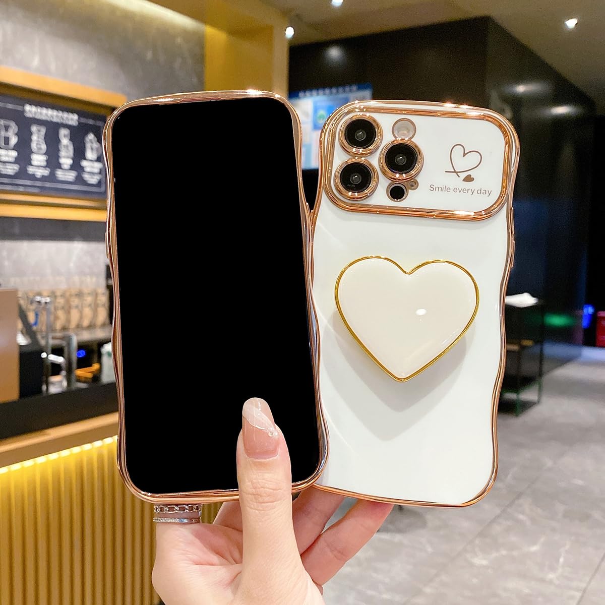 Compatible with iPhone 16 Pro Heart Holder case, Cute Wave Frame