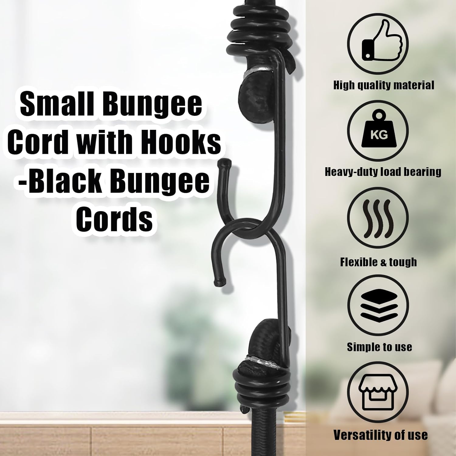 24 Inch Bungee Cords with Hooks Heavy Duty, Black Bungee Cords Heavy Duty Outdoor, Elastic Bungee Strap Wwith Hooks for Camping, Tarps, Tents, Hiking, Bike Rack, Luggage Rack, Cargo, (4 Pack)