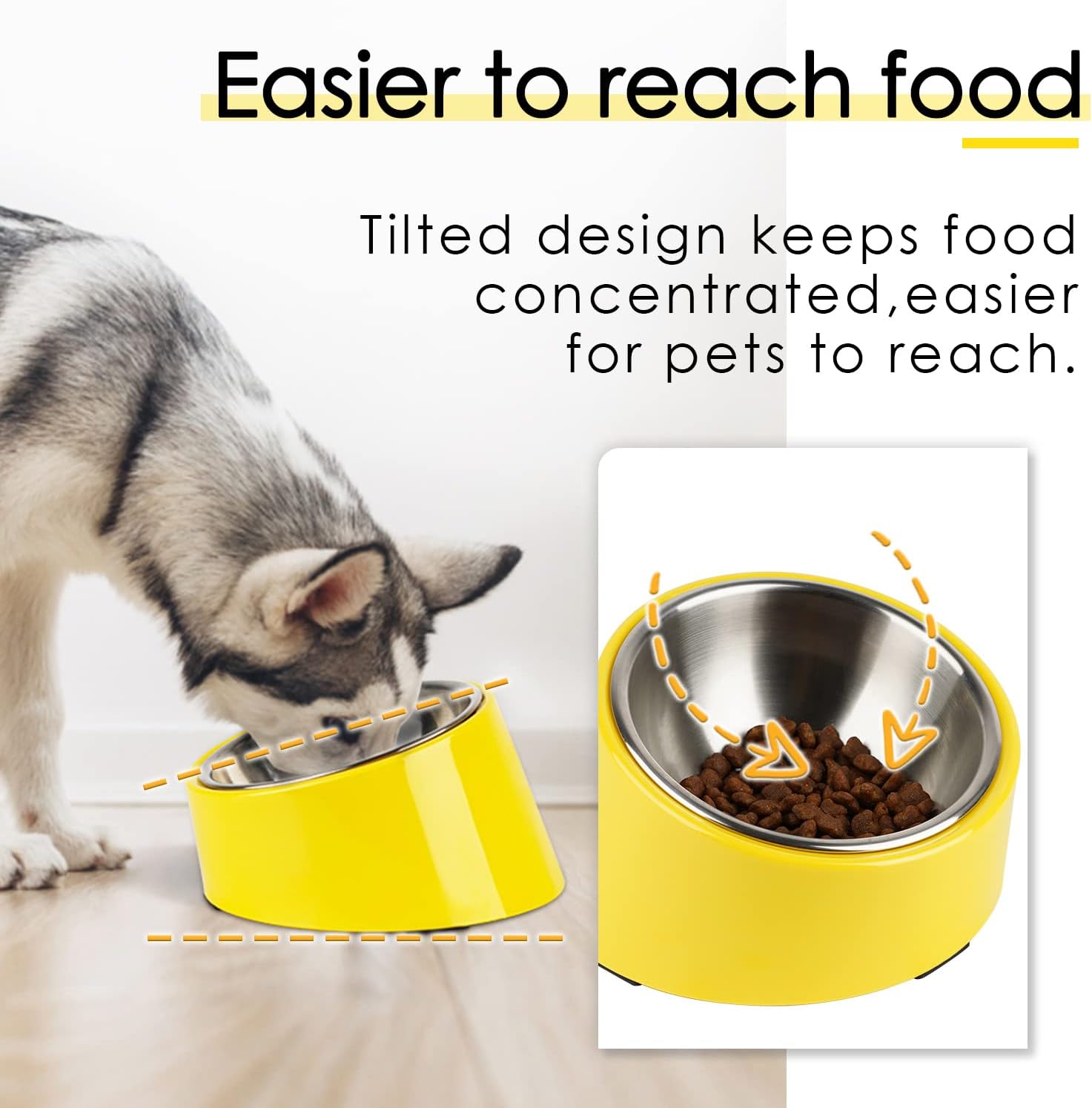 SuperDesign Mess Free 15° Slanted Bowl for Dogs and Cats, Tilted Angle Bulldog Bowl Dog Feeder, Non-Skid & Non-Spill, Easier to Reach Food M/1 Cup Bright Yellow