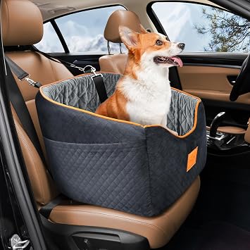 XIEEAOZEE Dog Car Seat for Small Dogs, Memory Foam Booster Dog Seat for Dogs up to 35 lbs, Elevated Pet Car Seat with Washable Removable Cover, Storage PocketsBlack/Gray