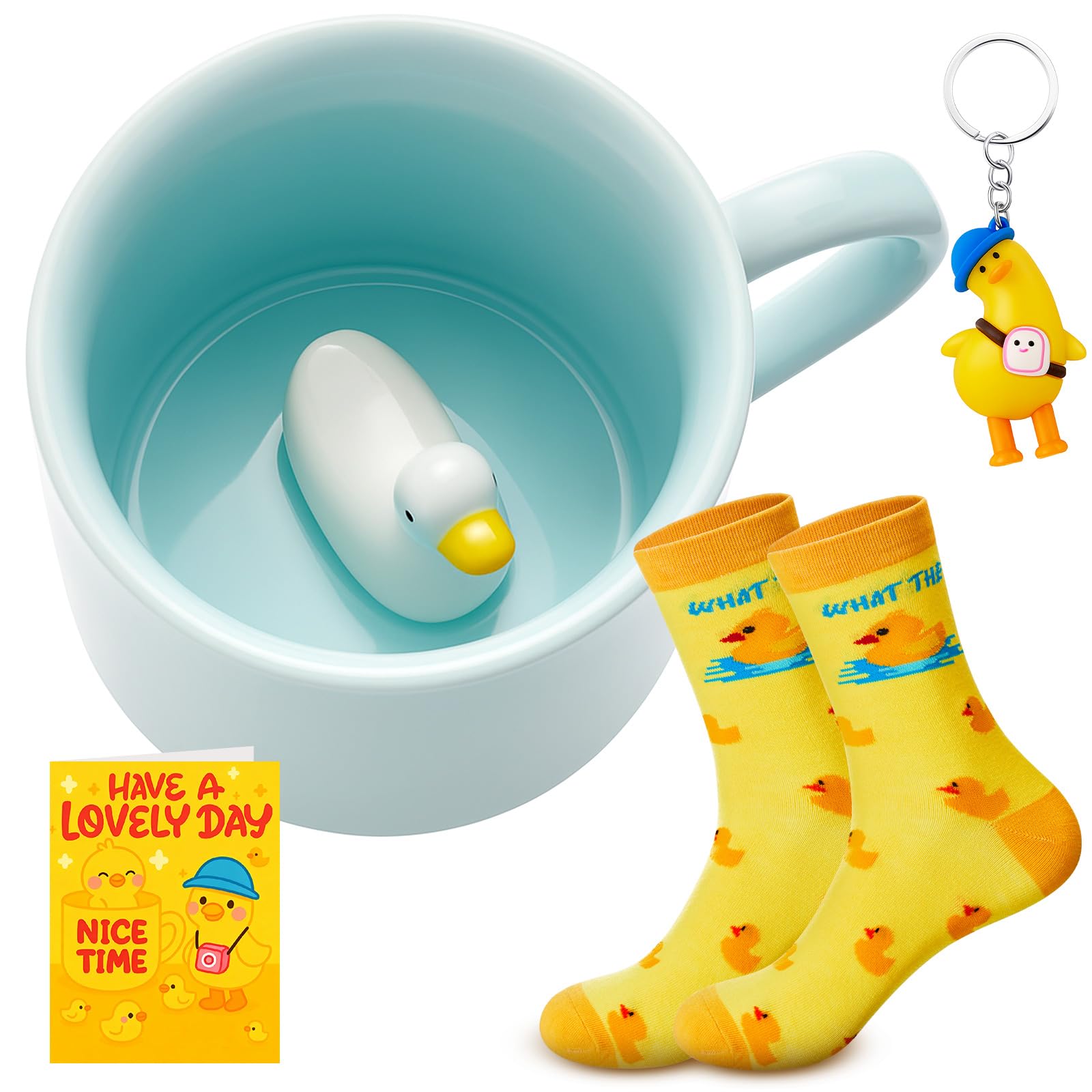 Jadive 4 Pcs Duck Gift Set Cute Yellow 3D Duck Mug with Cute Cotton Socks, Keychain and Greeting Card, Gift for Women, Birthday