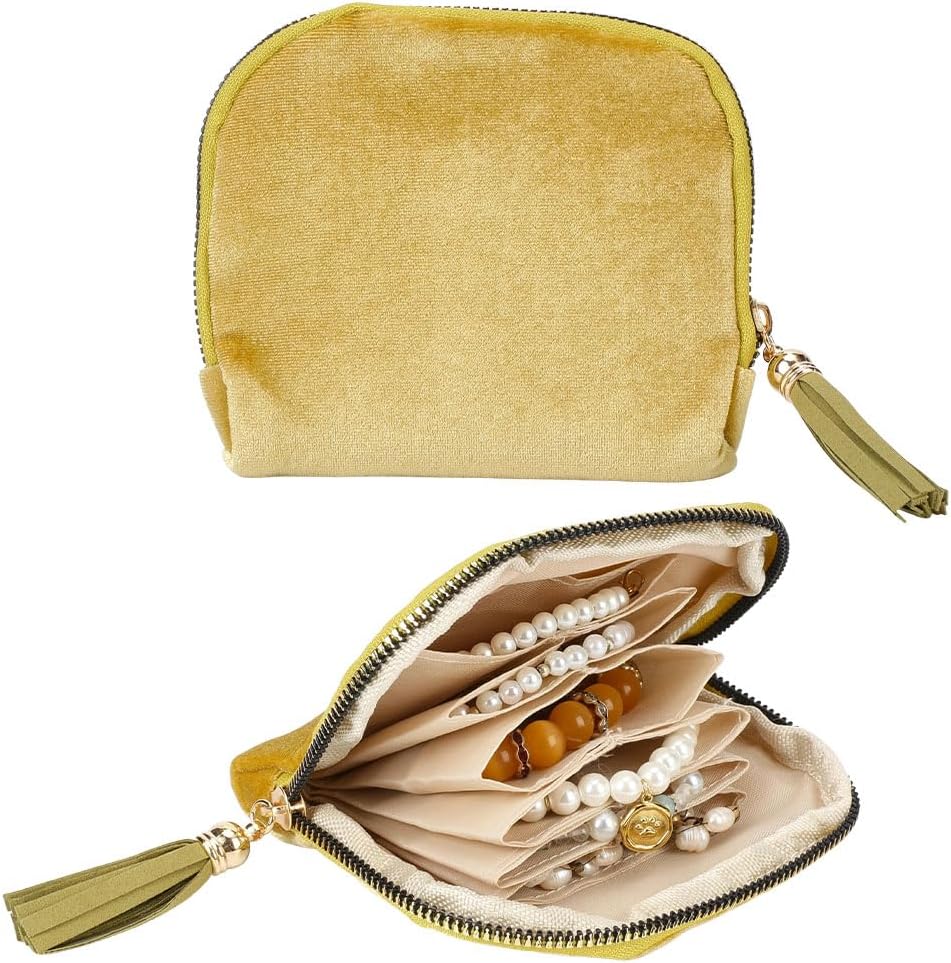 UNICRAFTALE 2Pcs Yellow Travel Jewelry Case Organizer for Women Portable Velvet Pouch with 6 Layers Zipper Closure No-Scratch Travel Jewelry Pouch for Rings Bracelets Earrings Necklaces Gift 12x14cm