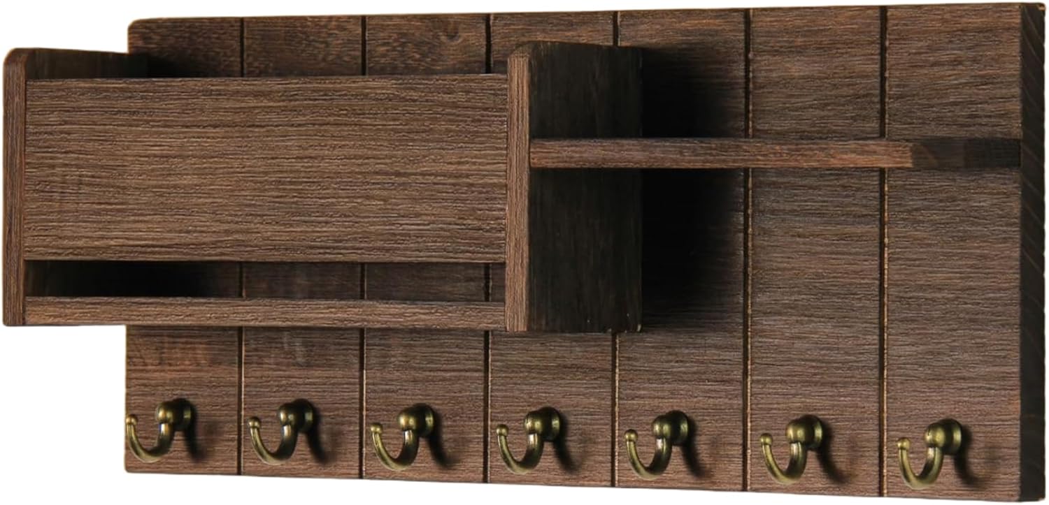 Key Hanger, Key and Mail Holder for Wall, Wooden Rack with 6 Hooks, Modern Wall Organizer for Storing Letters, Magazines and Umbrellas, Holder Mount