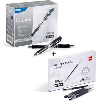 deli Gel Pens, 50 Pcs Retractable Pens Black Ink,60 Pcs Retractable Pen Refills 0.7mm