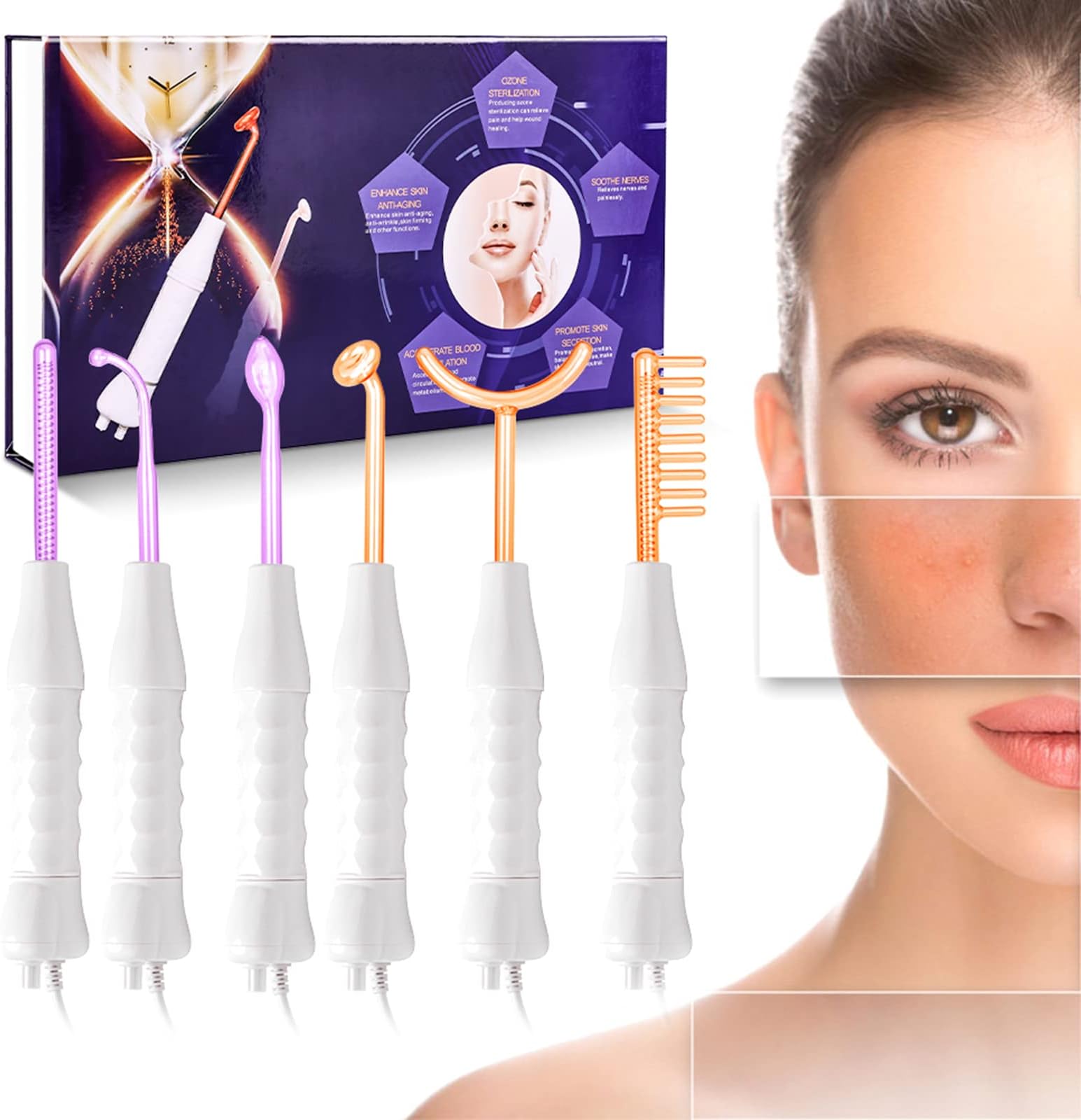 TwoWin High F requency Facial Machine, 6 Electrodes Argon Gas Violet and Neon Gas Orange Beauty Skin Care Acne Spot Pimple Removal Remover Face Tightening Lifting Puffy Therapy Facial Portable Wand